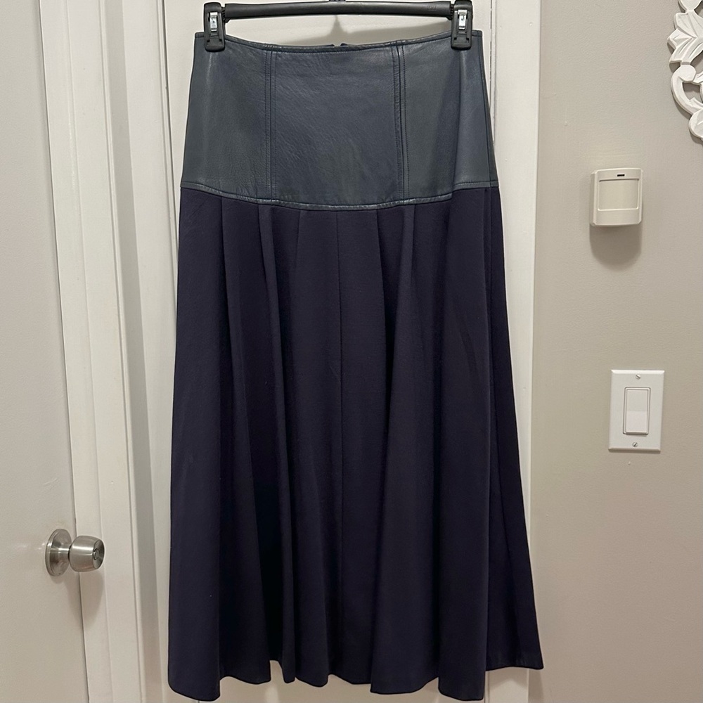Vintage Liz Roberts Robert Elliot Leather & Cotton Midi Skirt L Navy Blue Mixed